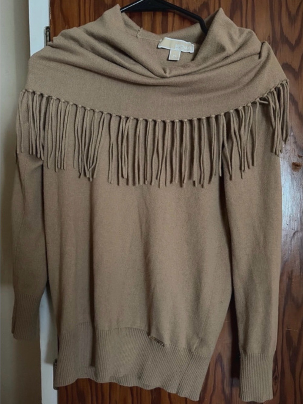 Michael Kors Camel Off-the-Shoulder Fringe Sweater